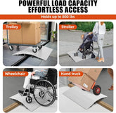 Product demonstrating its load capacity with trolley, stroller, wheelchair, and hand truck on a platform.